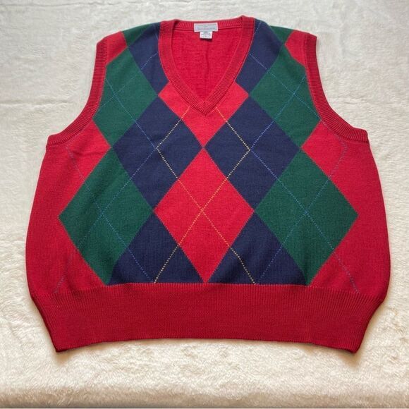 Tricots St Raphael Vintage Knit Argyle V Neck Wool Vest Size Large - Picture 1 of 9